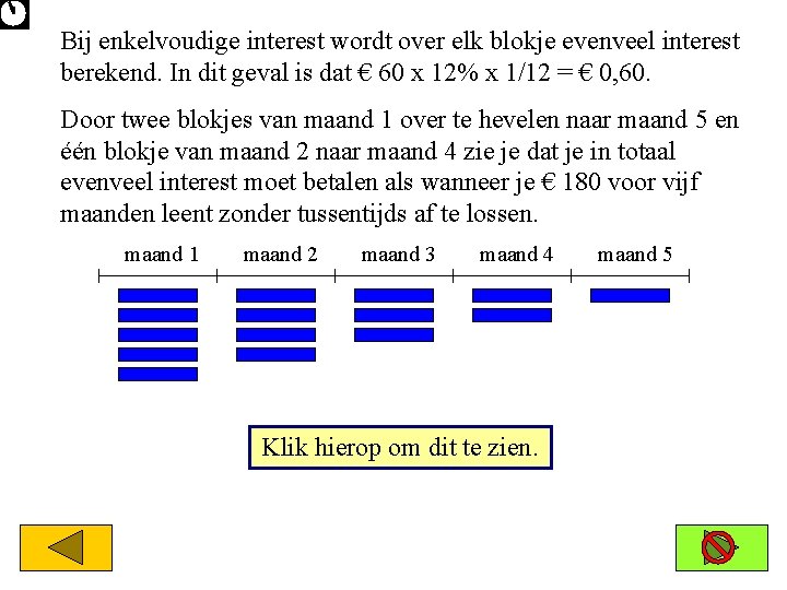 Bij enkelvoudige interest wordt over elk blokje evenveel interest berekend. In dit geval is