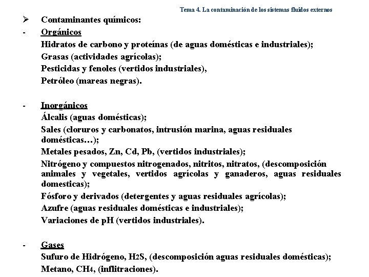 Tema 4. La contaminación de los sistemas fluidos externos Ø - Contaminantes químicos: Orgánicos