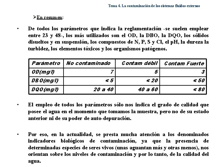 Tema 4. La contaminación de los sistemas fluidos externos ØEn resumen: En resumen •