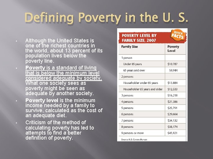 Defining Poverty in the U. S. • • Although the United States is one