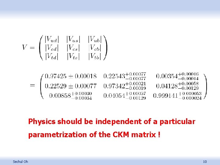 Physics should be independent of a particular parametrization of the CKM matrix ! Sechul