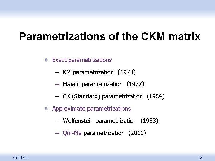 Parametrizations of the CKM matrix Exact parametrizations -- KM parametrization (1973) -- Maiani parametrization