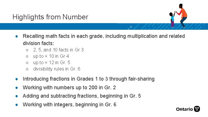 Highlights from Number ● Recalling math facts in each grade, including multiplication and related