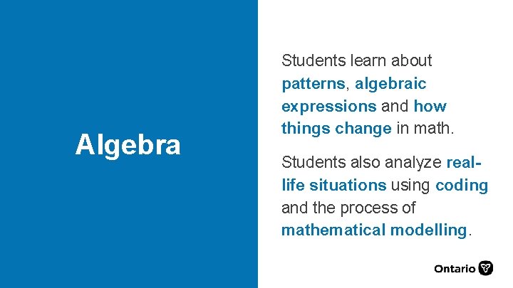 Algebra Students learn about patterns, algebraic expressions and how things change in math. Students