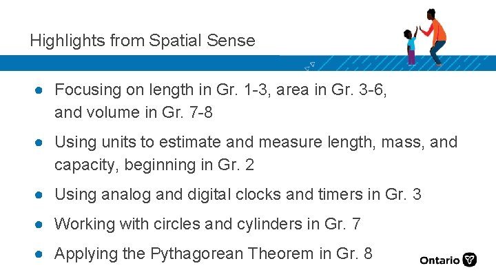Highlights from Spatial Sense ● Focusing on length in Gr. 1 -3, area in