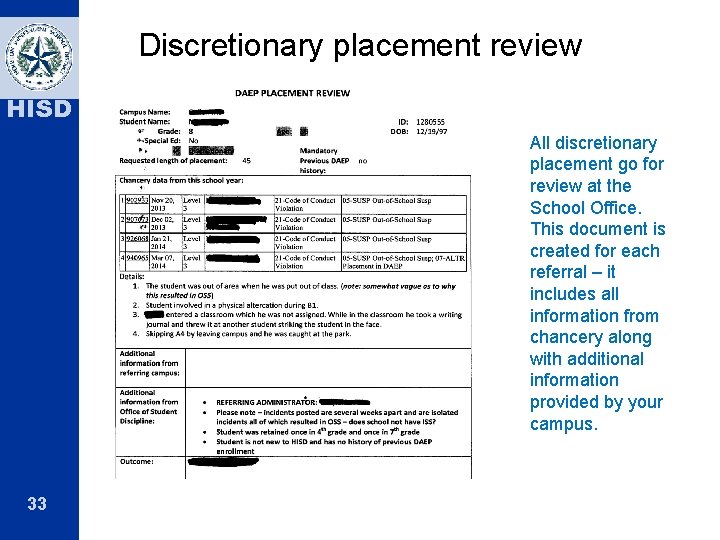 Discretionary placement review HISD All discretionary placement go for review at the School Office.