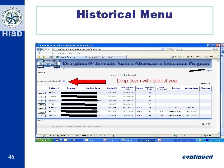 Historical Menu HISD Drop down with school year 45 continued 