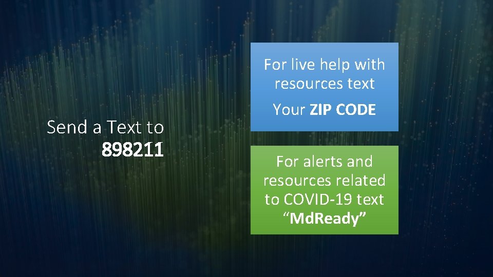 Send a Text to 898211 For live help with resources text Your ZIP CODE