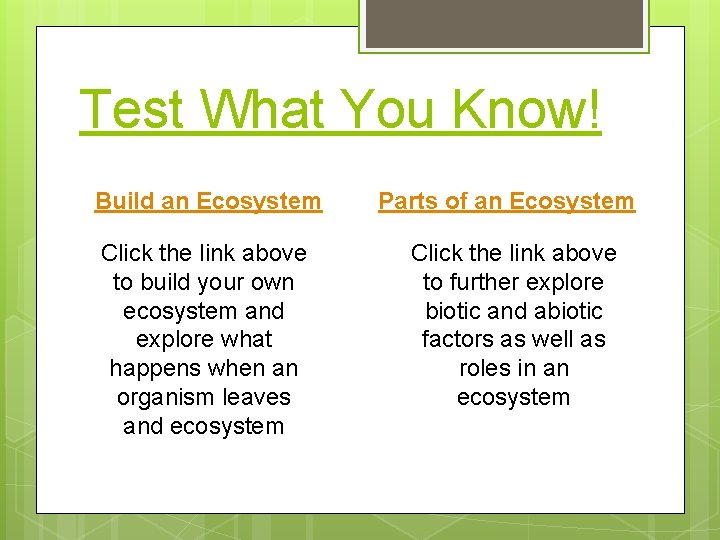 Test What You Know! Build an Ecosystem Parts of an Ecosystem Click the link