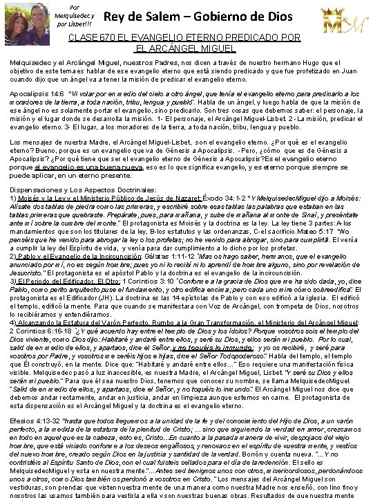 Por Melquisedec y por Lisbet!!! Rey de Salem – Gobierno de Dios CLASE 670