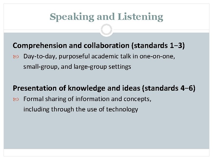 Speaking and Listening Comprehension and collaboration (standards 1− 3) Day-to-day, purposeful academic talk in