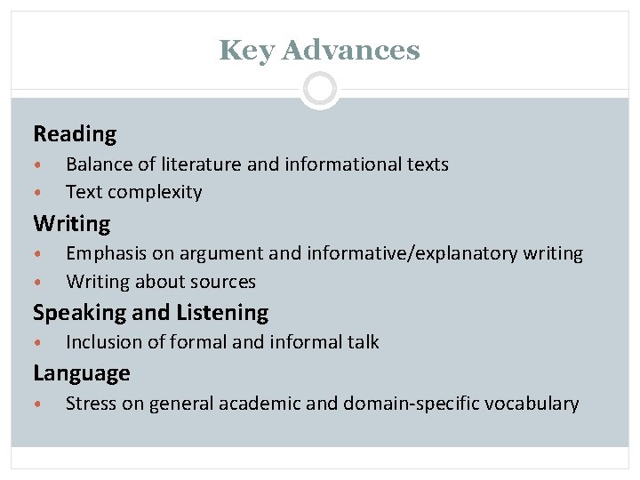 Key Advances Reading • • Balance of literature and informational texts Text complexity Writing