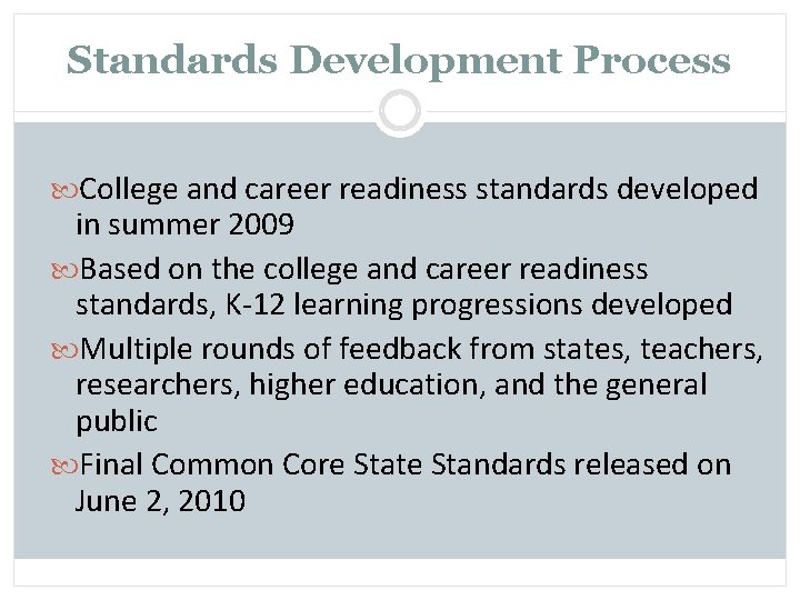 Standards Development Process College and career readiness standards developed in summer 2009 Based on