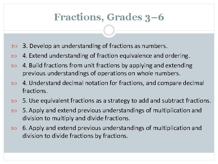 Fractions, Grades 3– 6 3. Develop an understanding of fractions as numbers. 4. Extend