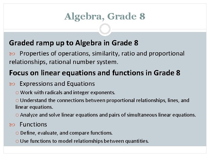 Algebra, Grade 8 Graded ramp up to Algebra in Grade 8 Properties of operations,