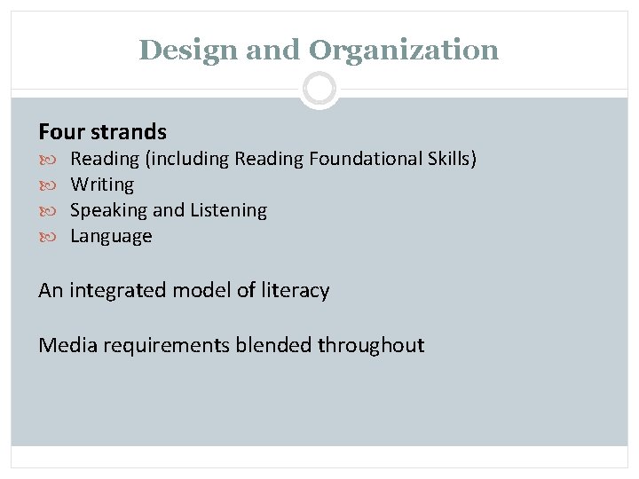 Design and Organization Four strands Reading (including Reading Foundational Skills) Writing Speaking and Listening