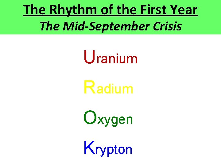 The Rhythm of the First Year The Mid-September Crisis Uranium Radium Oxygen Krypton The Rhythm of the First Year The Mid-September Crisis Uranium Radium Oxygen Krypton