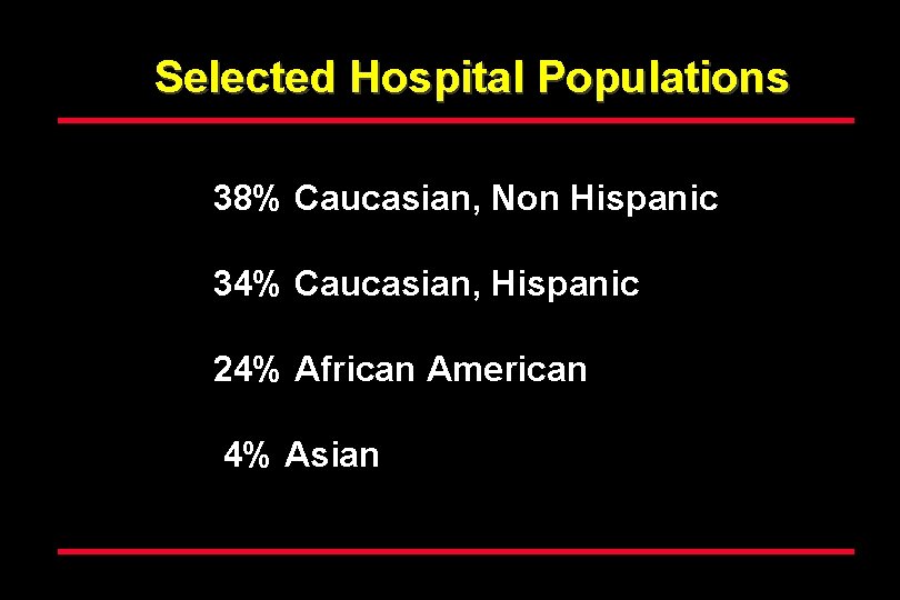 Selected Hospital Populations 38% Caucasian, Non Hispanic 34% Caucasian, Hispanic 24% African American 4%