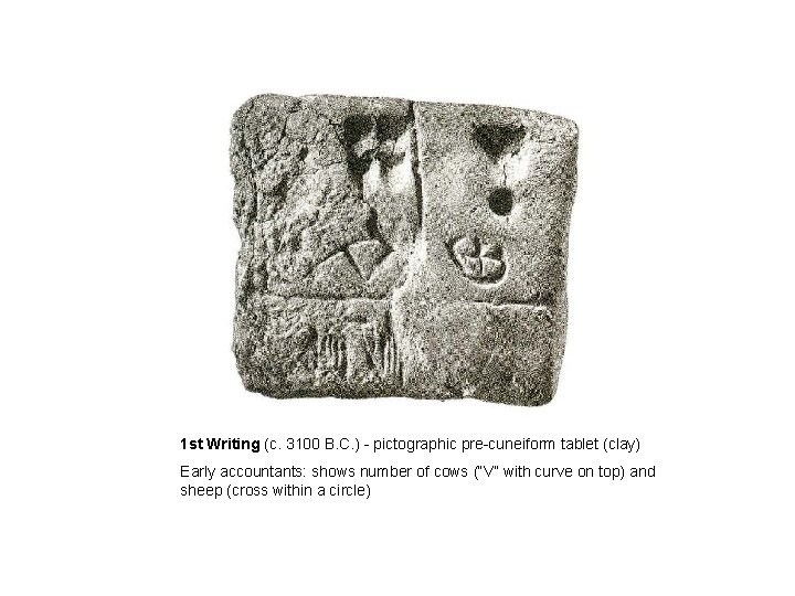 1 st Writing (c. 3100 B. C. ) - pictographic pre-cuneiform tablet (clay) Early
