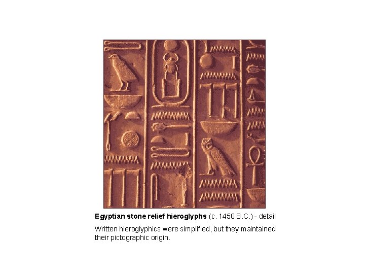 Egyptian stone relief hieroglyphs (c. 1450 B. C. ) - detail Written hieroglyphics were