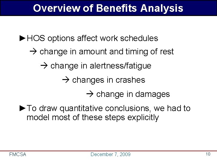 Overview of Benefits Analysis ►HOS options affect work schedules change in amount and timing