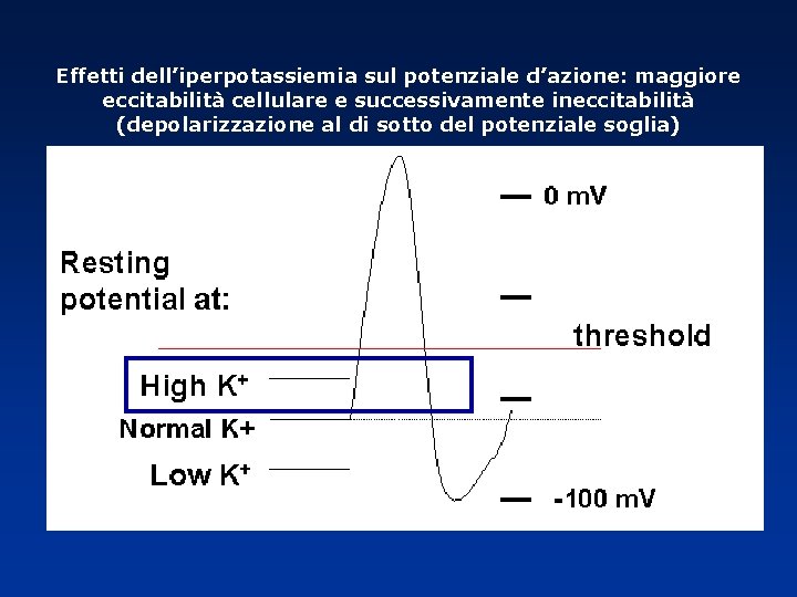 Effetti dell’iperpotassiemia sul potenziale d’azione: maggiore eccitabilità cellulare e successivamente ineccitabilità (depolarizzazione al di