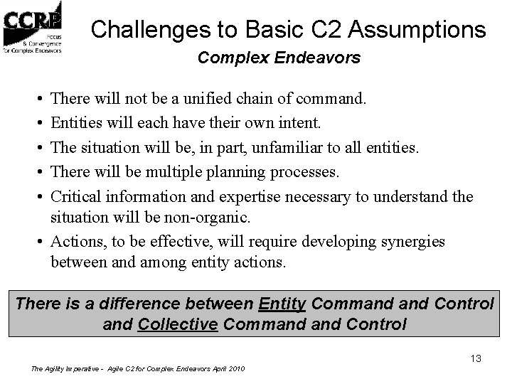 Challenges to Basic C 2 Assumptions Complex Endeavors • • • There will not