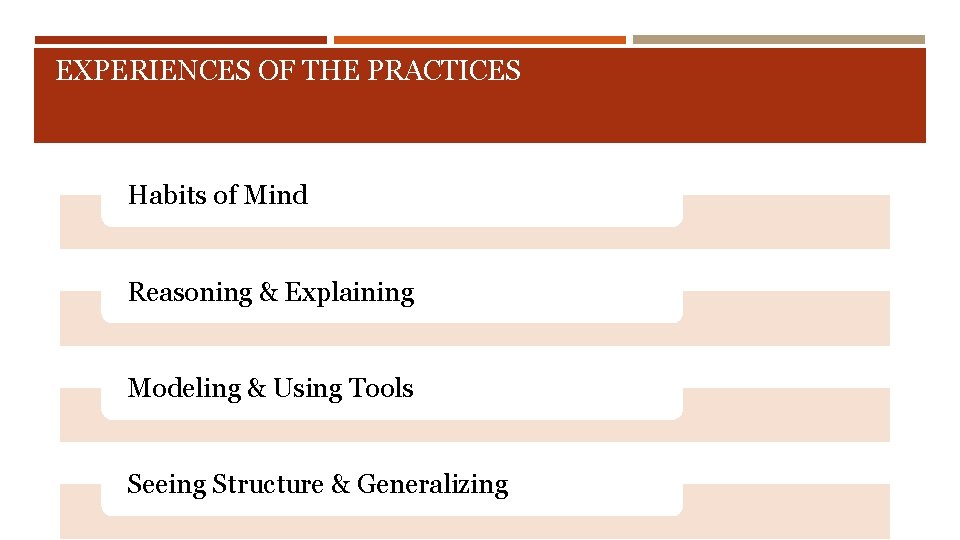 EXPERIENCES OF THE PRACTICES Habits of Mind Reasoning & Explaining Modeling & Using Tools