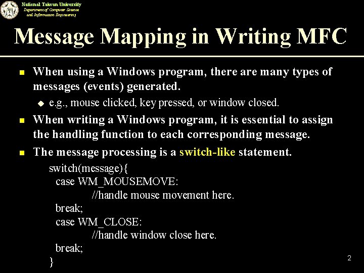 National Taiwan University Department of Computer Science and Information Engineering Message Mapping in Writing