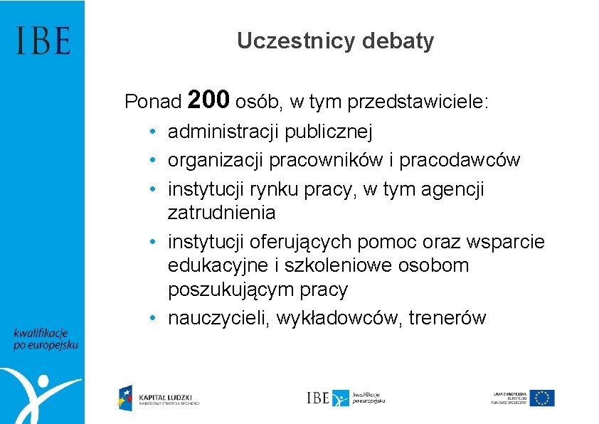 Uczestnicy debaty Ponad 200 osób, w tym przedstawiciele: • administracji publicznej • organizacji pracowników