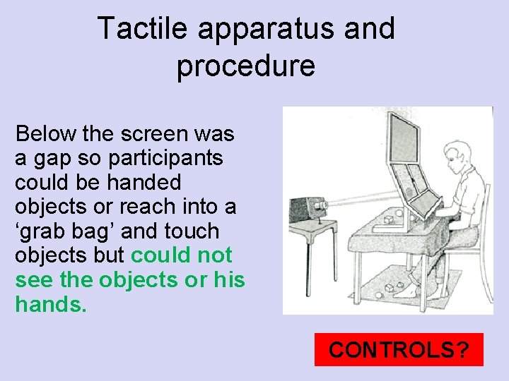 Tactile apparatus and procedure Below the screen was a gap so participants could be