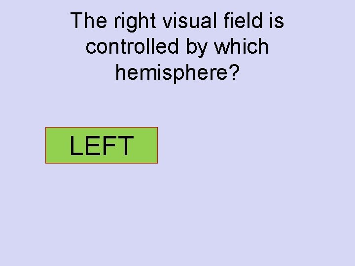 The right visual field is controlled by which hemisphere? LEFT 