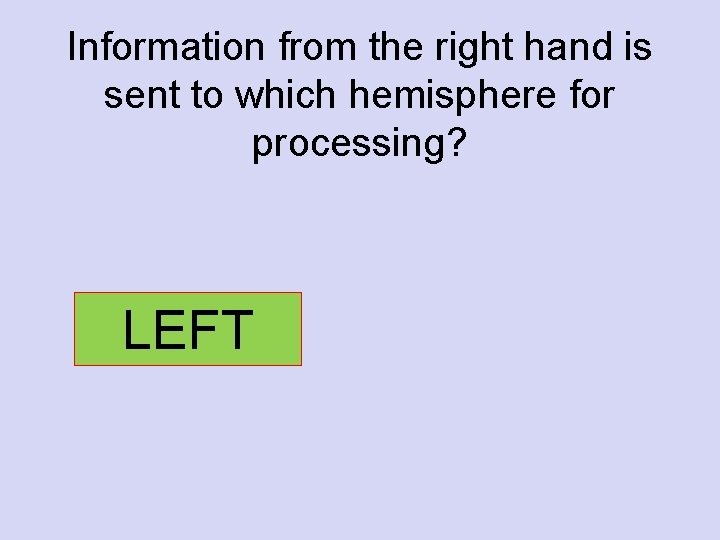 Information from the right hand is sent to which hemisphere for processing? LEFT 