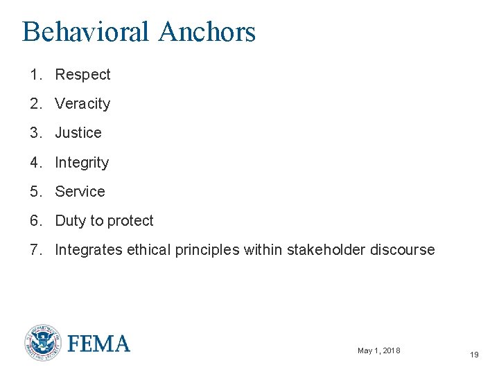 Behavioral Anchors 1. Respect 2. Veracity 3. Justice 4. Integrity 5. Service 6. Duty