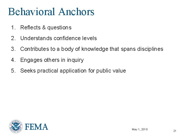 Behavioral Anchors 1. Reflects & questions 2. Understands confidence levels 3. Contributes to a