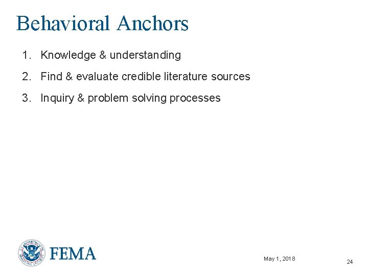 Behavioral Anchors 1. Knowledge & understanding 2. Find & evaluate credible literature sources 3.