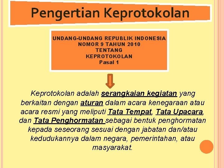 Pengertian Keprotokolan UNDANG-UNDANG REPUBLIK INDONESIA NOMOR 9 TAHUN 2010 TENTANG KEPROTOKOLAN Pasal 1 Keprotokolan