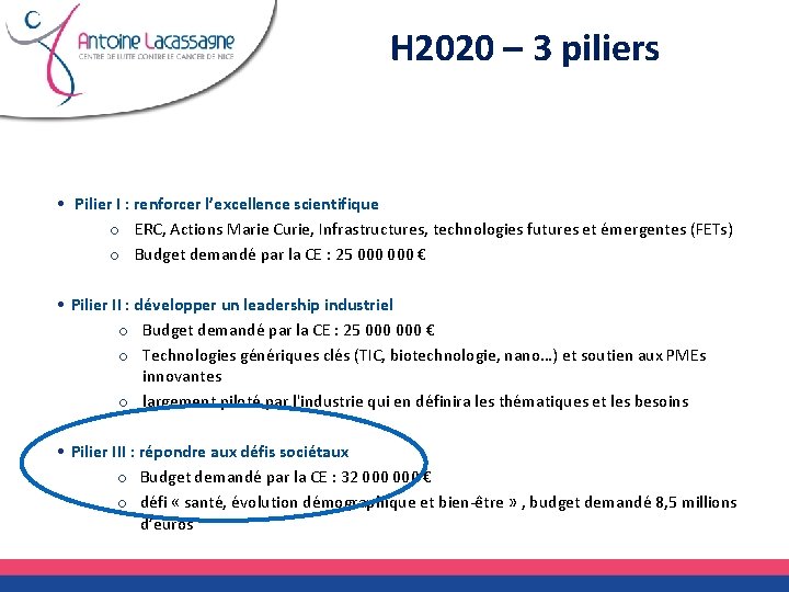 H 2020 – 3 piliers • Pilier I : renforcer l’excellence scientifique o ERC,