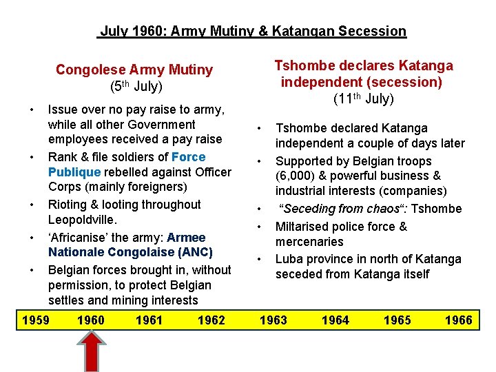 July 1960: Army Mutiny & Katangan Secession Tshombe declares Katanga independent (secession) (11 th