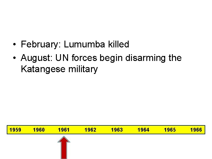 • February: Lumumba killed • August: UN forces begin disarming the Katangese military • February: Lumumba killed • August: UN forces begin disarming the Katangese military