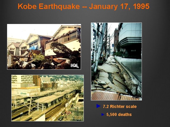 Kobe Earthquake -- January 17, 1995 ► 7. 2 Richter scale ► 5, 500 Kobe Earthquake -- January 17, 1995 ► 7. 2 Richter scale ► 5, 500