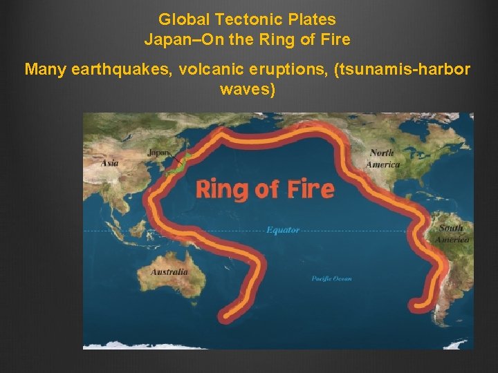 Global Tectonic Plates Japan–On the Ring of Fire Many earthquakes, volcanic eruptions, (tsunamis-harbor waves) Global Tectonic Plates Japan–On the Ring of Fire Many earthquakes, volcanic eruptions, (tsunamis-harbor waves)