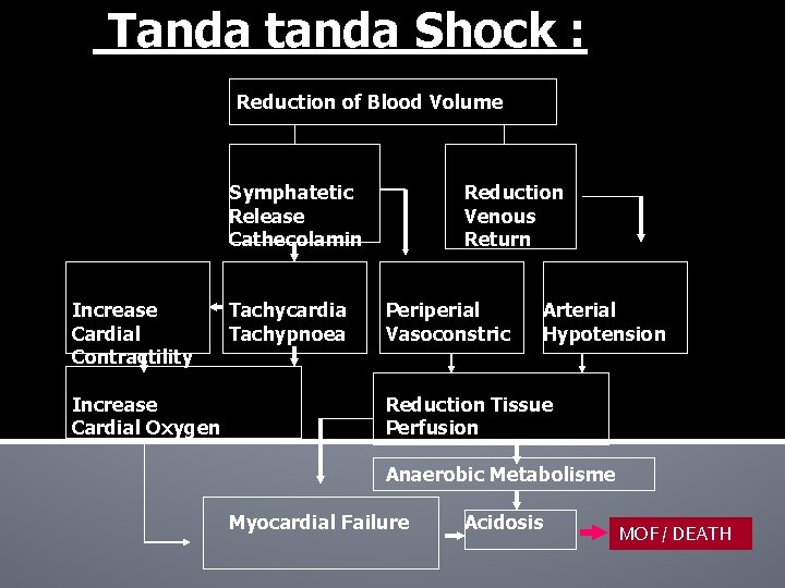 Tanda tanda Shock : Reduction of Blood Volume Symphatetic Release Cathecolamin Increase Cardial Contractility