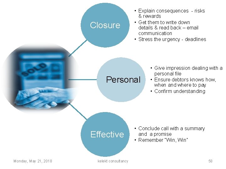 Closure • Explain consequences - risks & rewards • Get them to write down