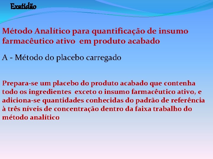 Exatidão Método Analítico para quantificação de insumo farmacêutico ativo em produto acabado A -