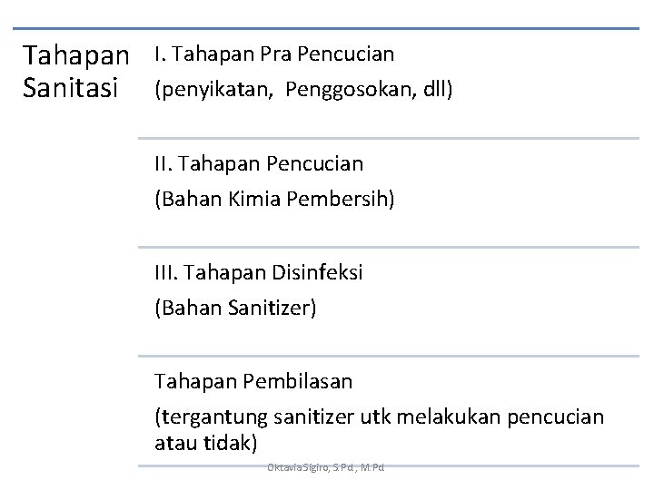 Tahapan Sanitasi I. Tahapan Pra Pencucian (penyikatan, Penggosokan, dll) II. Tahapan Pencucian (Bahan Kimia