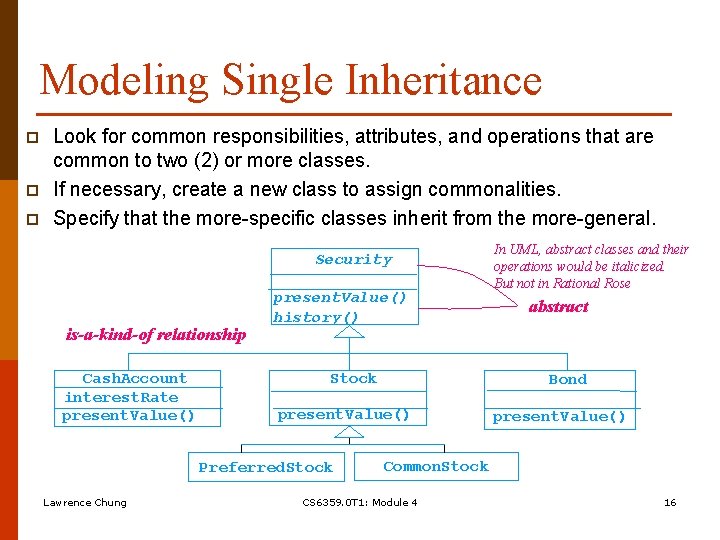 Modeling Single Inheritance p p p Look for common responsibilities, attributes, and operations that Modeling Single Inheritance p p p Look for common responsibilities, attributes, and operations that