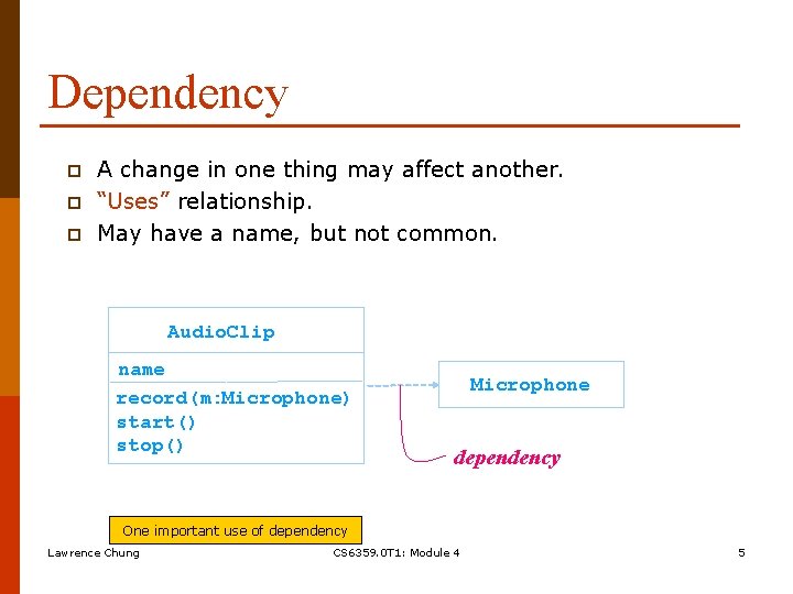 Dependency p p p A change in one thing may affect another. “Uses” relationship. Dependency p p p A change in one thing may affect another. “Uses” relationship.