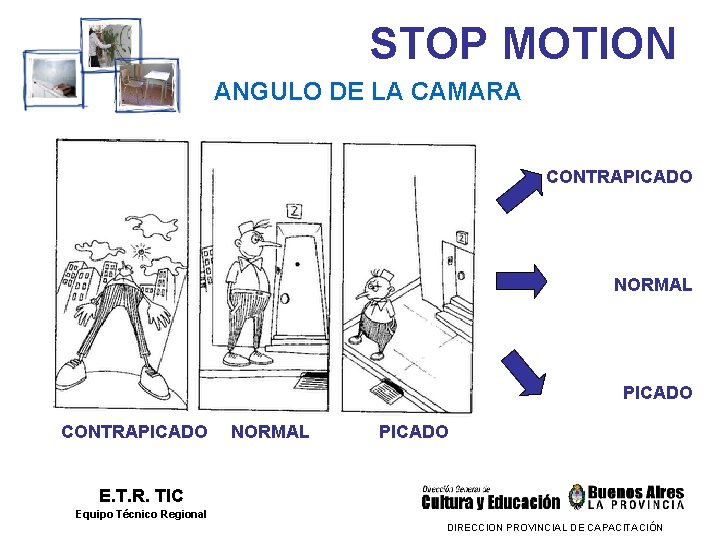 STOP MOTION ANGULO DE LA CAMARA CONTRAPICADO NORMAL PICADO E. T. R. TIC Equipo