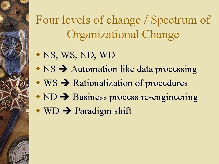 Four levels of change / Spectrum of Organizational Change w NS, WS, ND, WD